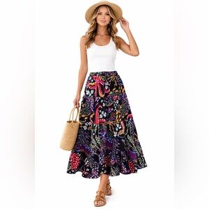 NWT AQUA Black Multi Tiered Maxi Skirt Elastic Waist 100% Cotton